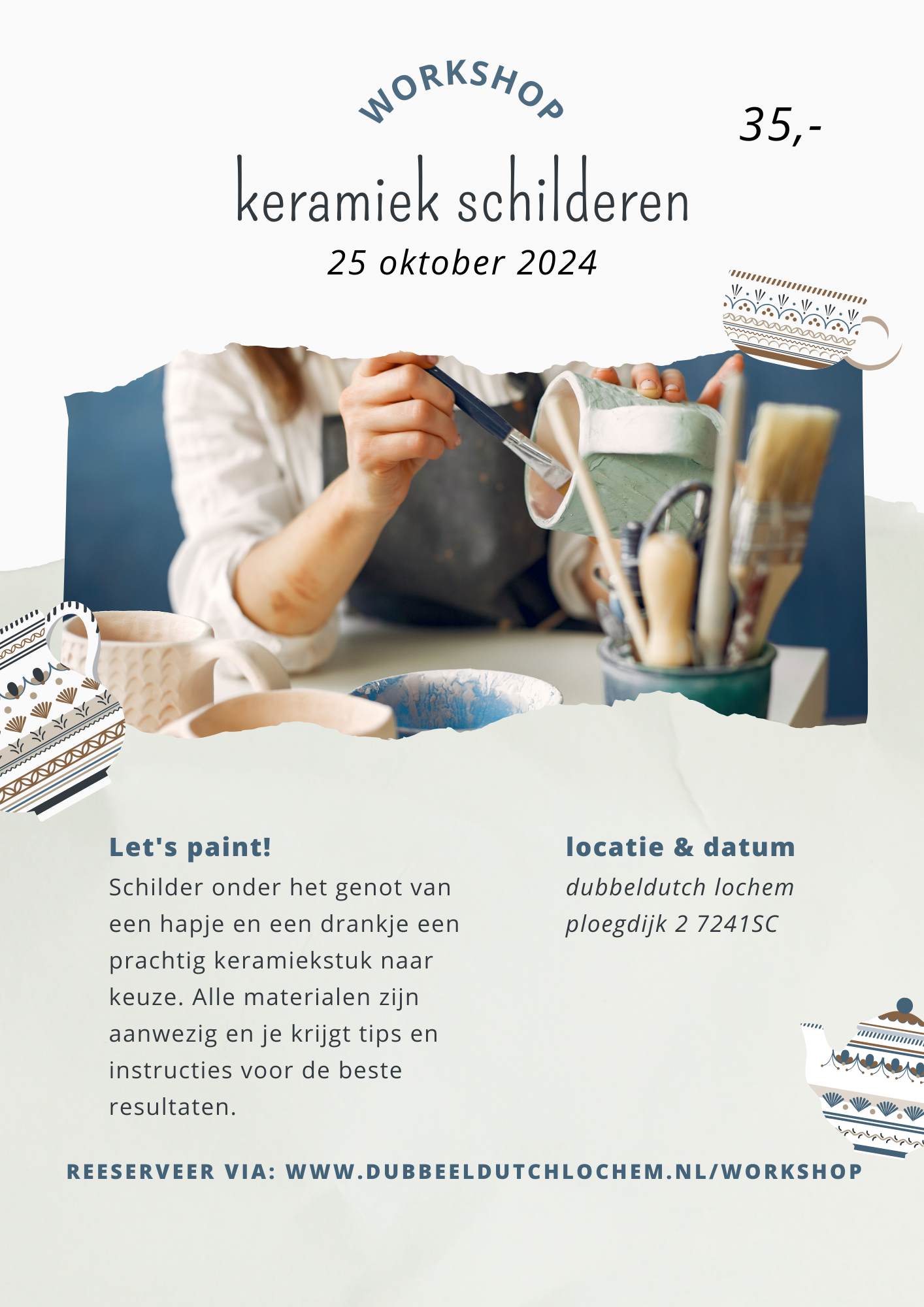 beige blue ceramic painting workshop flyer